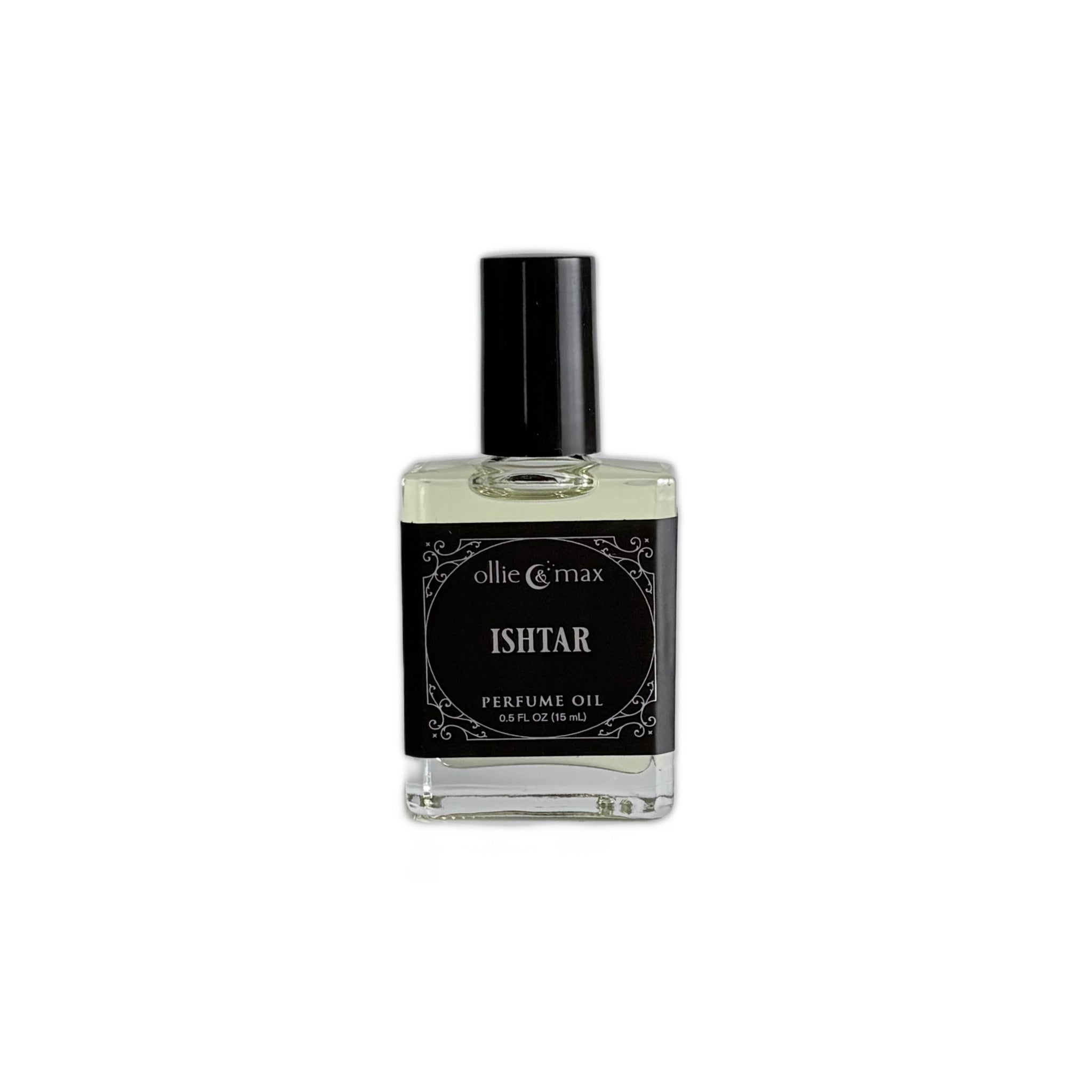 Ishtar perfume oil in a glass rectangle bottle with a tall black cap. Black label with sliver lettering. 15ml