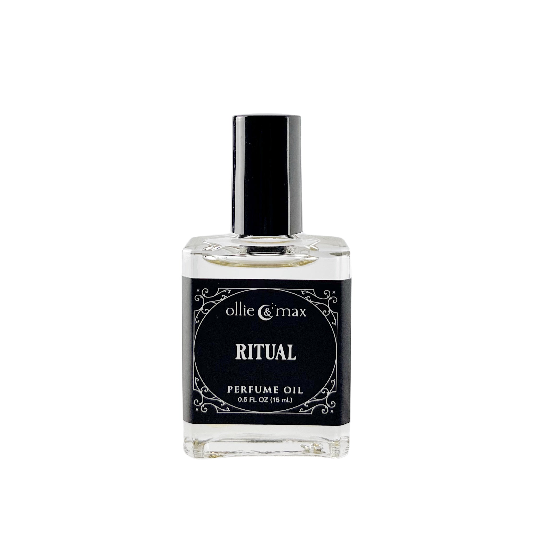 Ritual perfume, 15ml in a rectangle glass bottle with a black and silver label and black cap