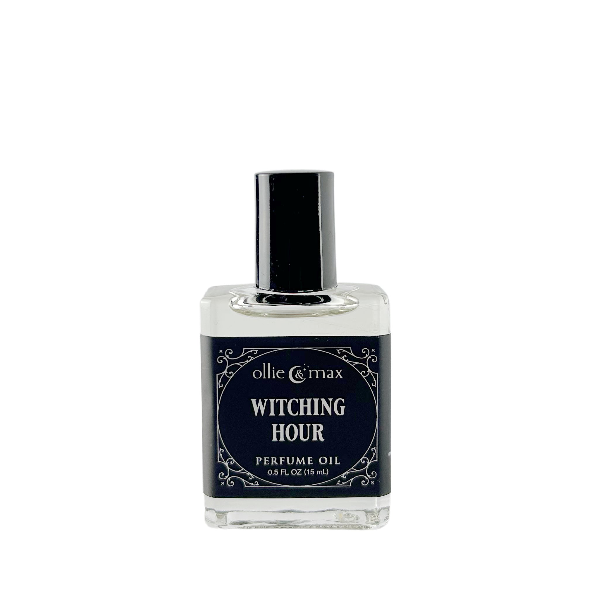 rectangle glass bottle with black cap. Witching Hour vegan perfume, 15ml