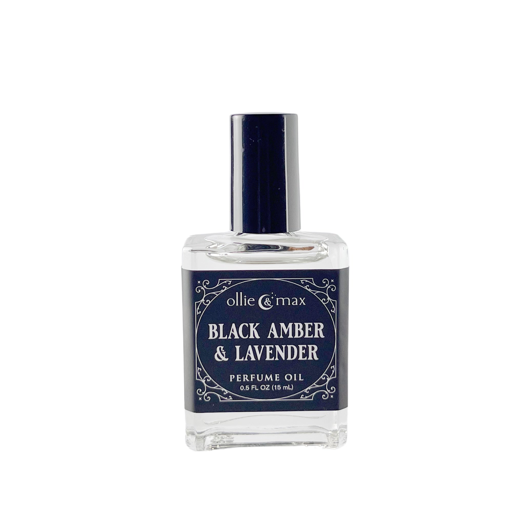 rectangular glass bottle with a black cap and black label, black amber and lavender perfume oil, vegan, 15ml