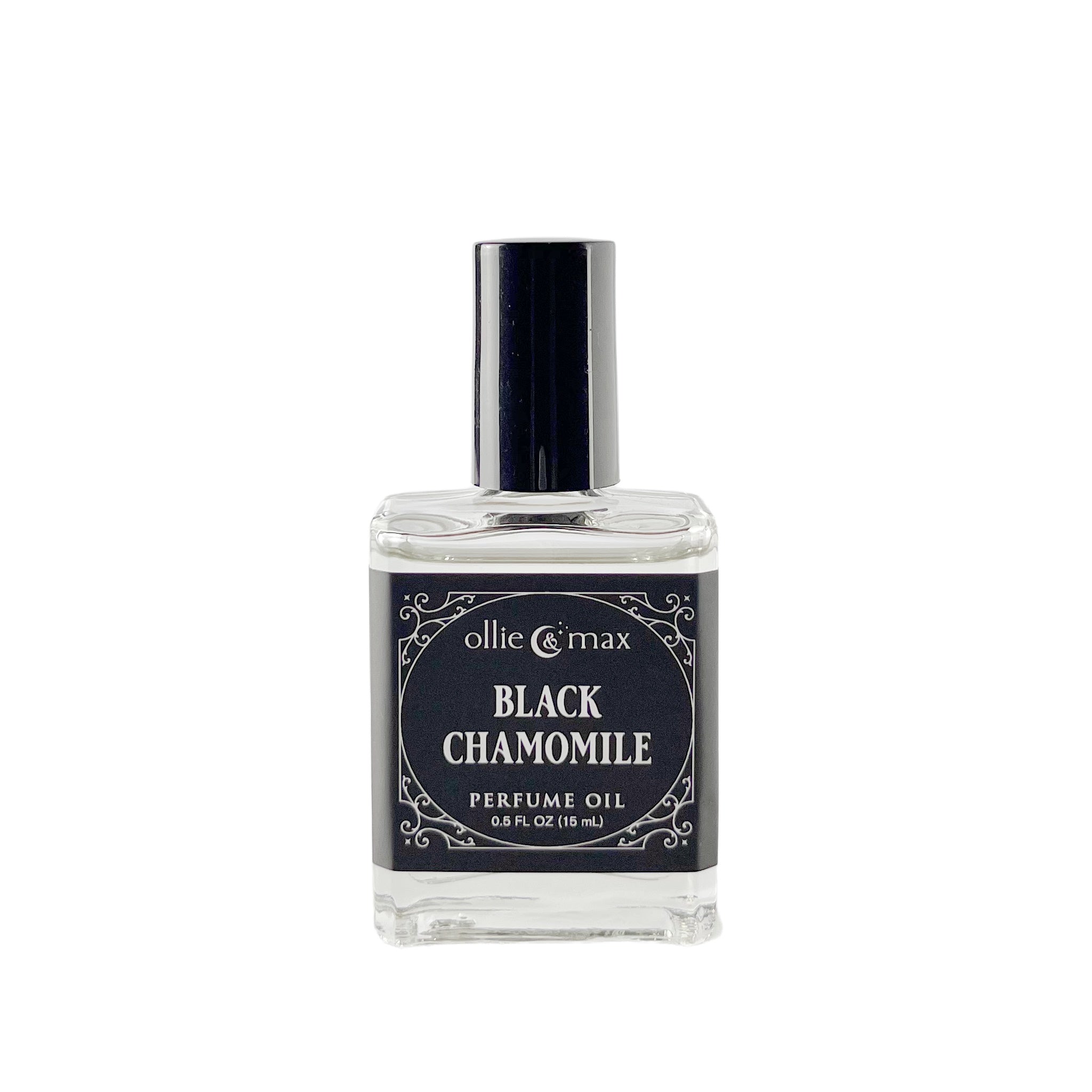 glass bottle with black label, black chamomile perfume oil 15ml