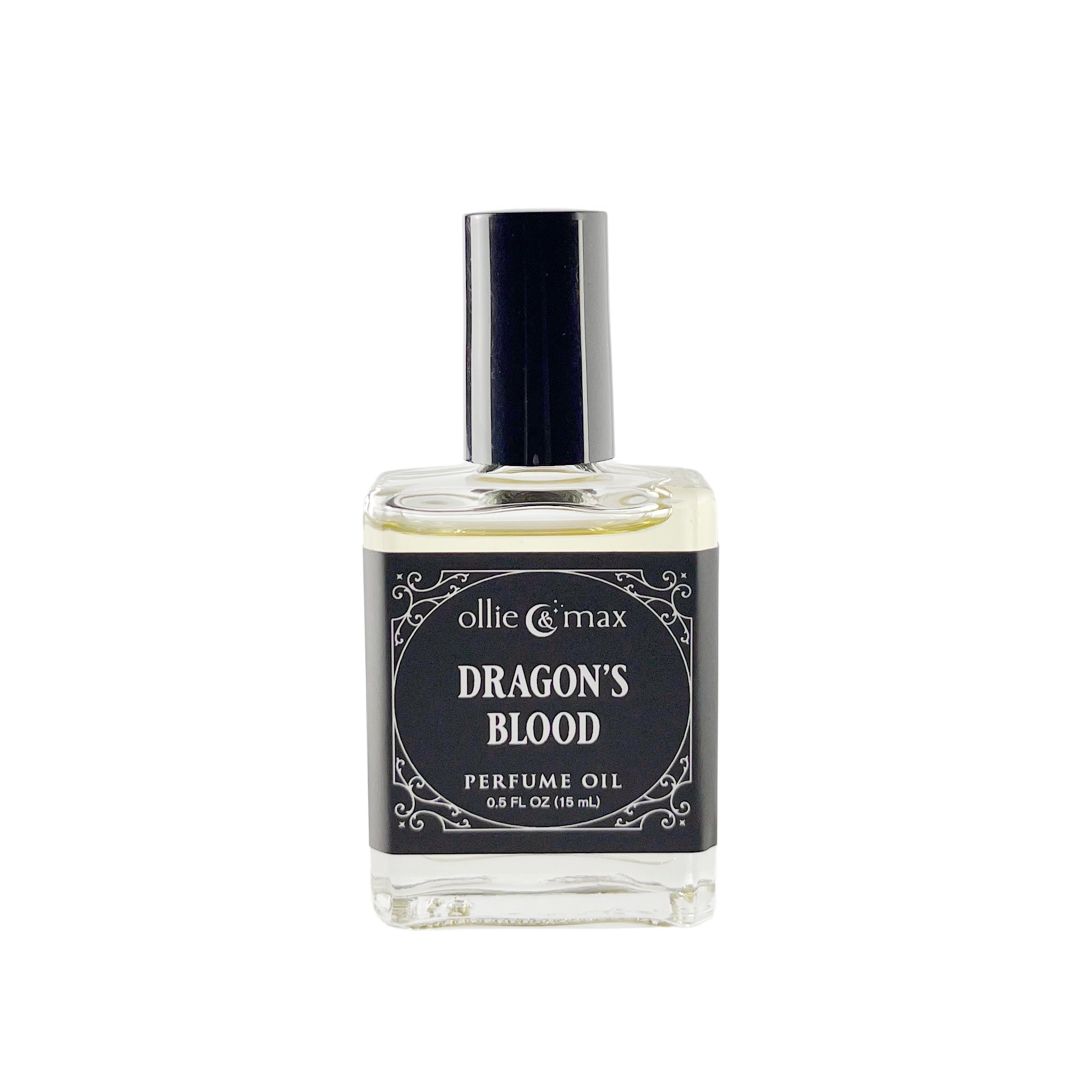 glass bottle with black cap and label, dragons blood perfume 15ml