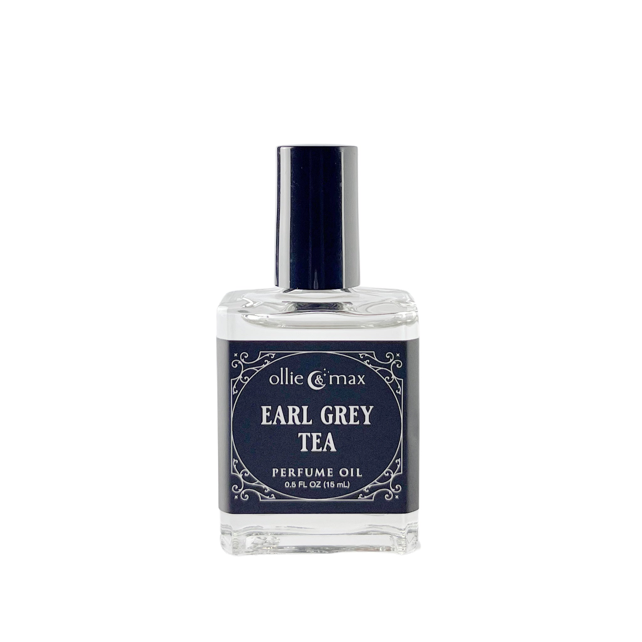 glass bottle with black label, earl grey tea vegan perfume oil 15ml