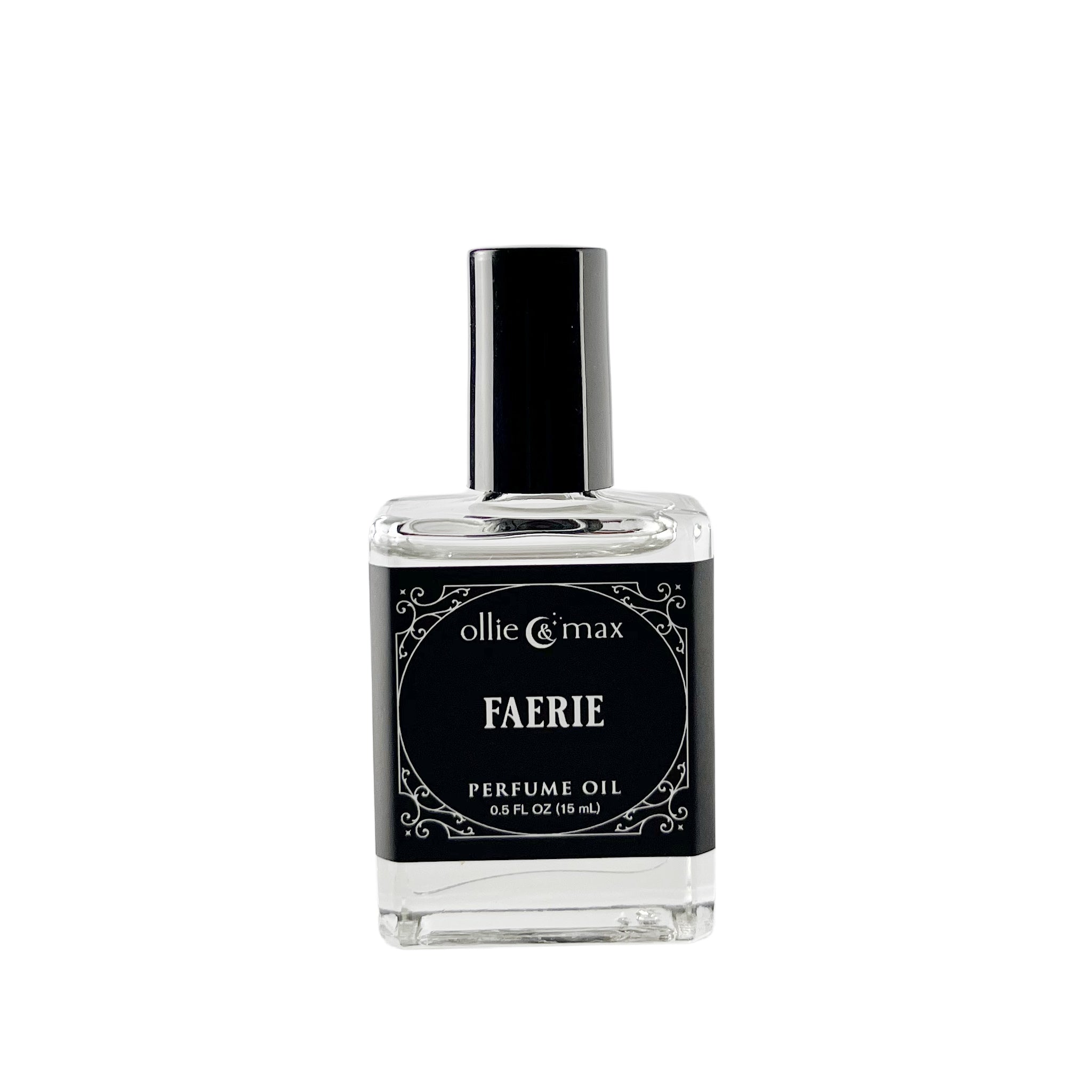 rectangular glass bottle with black label and cap, Faerie vegan perfume, 15ml