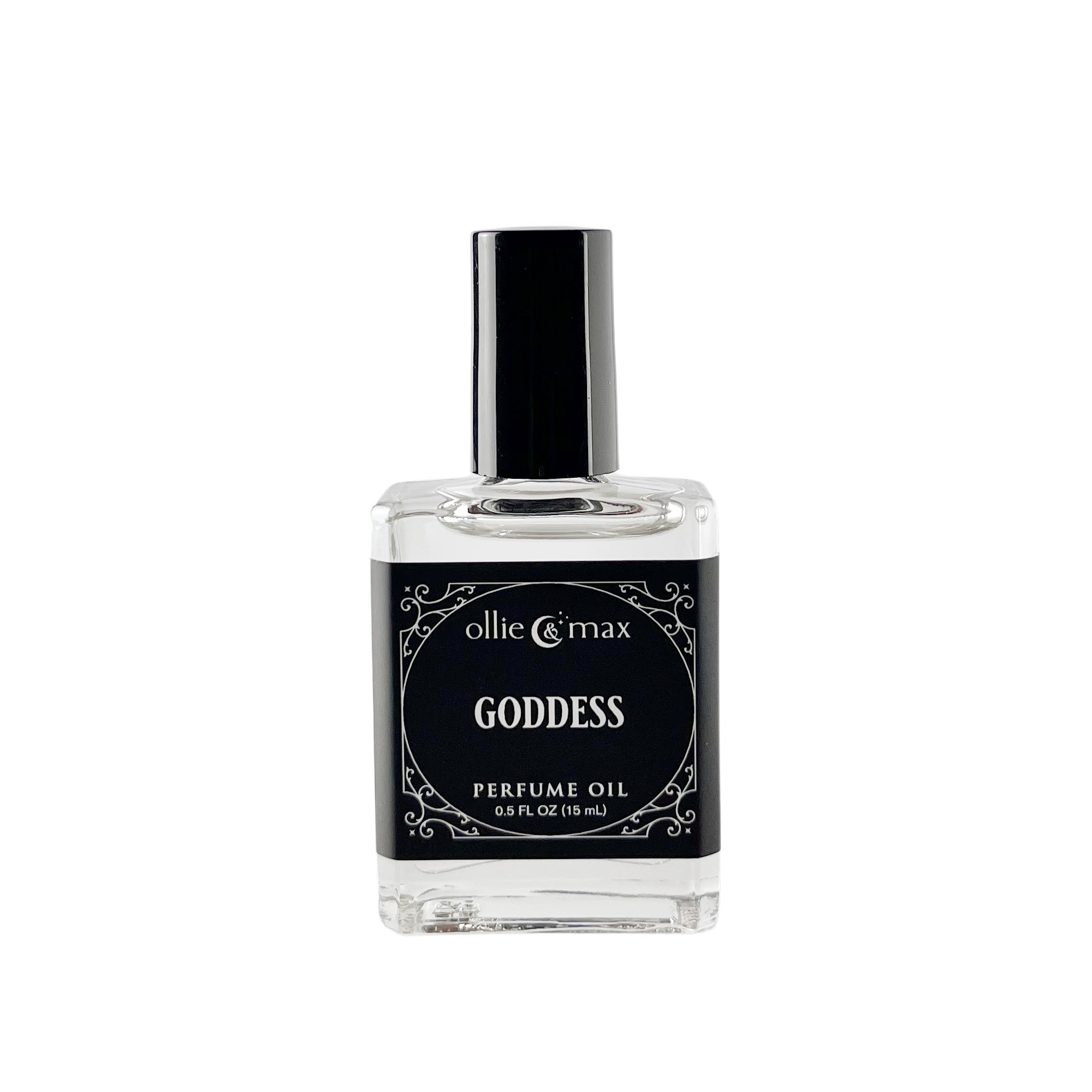 glass bottle with black label,  Goddess perfume 15ml