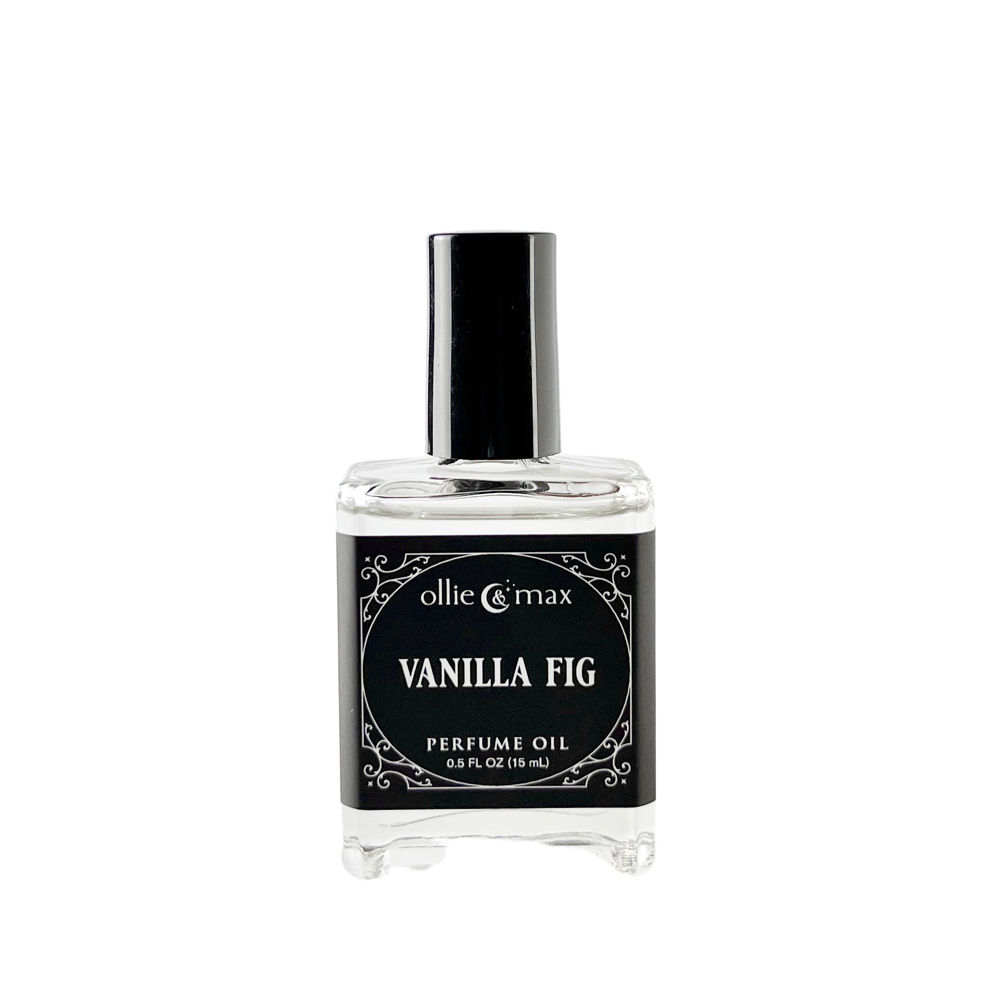 rectangular glass bottle with black cap and label, vanilla fig vegan perfume, 15ml