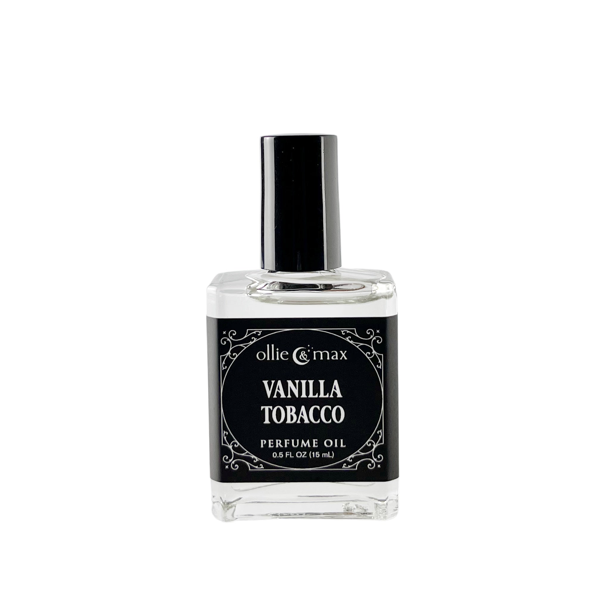 glass bottle with black cap and label, vanilla tobacco perfume, 15ml