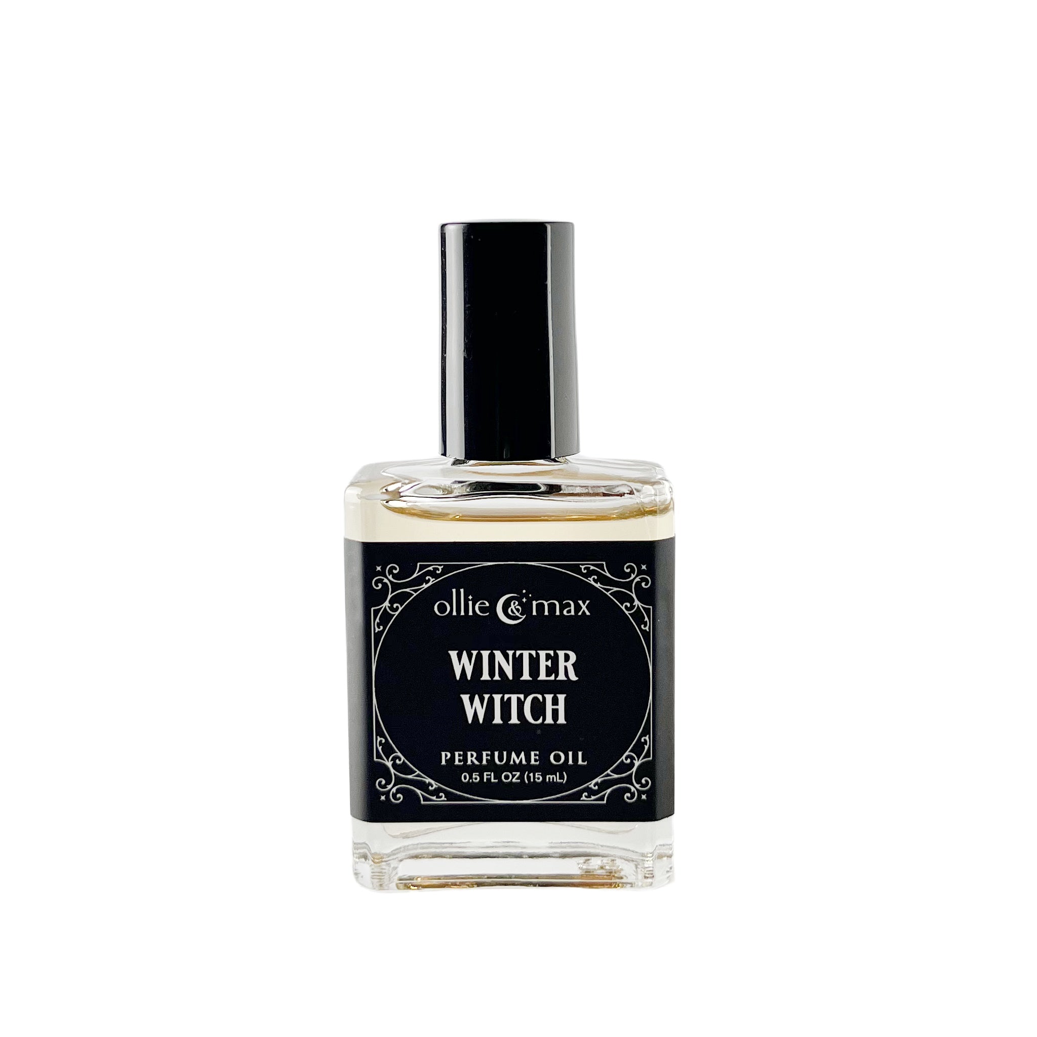 winter witch perfume in a rectangular glass bottle with black cap and black label, 15ml
